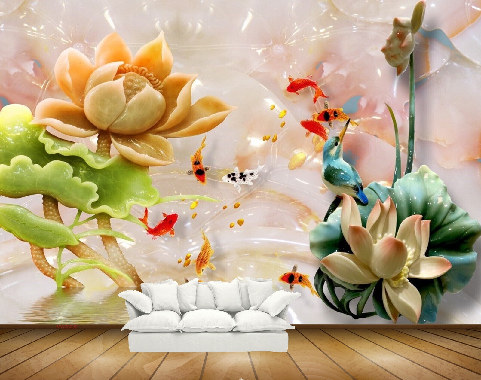 Avikalp MWZ0220 Orange Flower Fishes Birds 3D HD Wallpaper