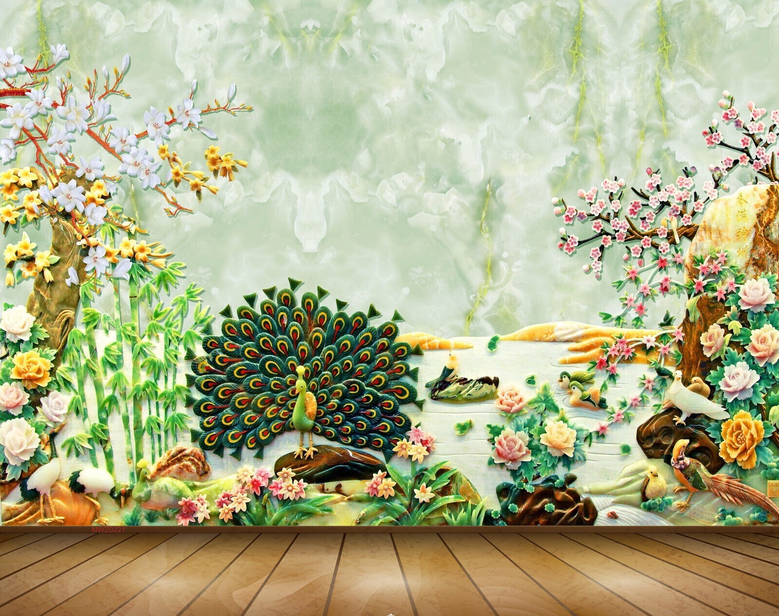 Avikalp MWZ0221 Peacock Plants Flowers Birds Creepers 3D HD Wallpaper