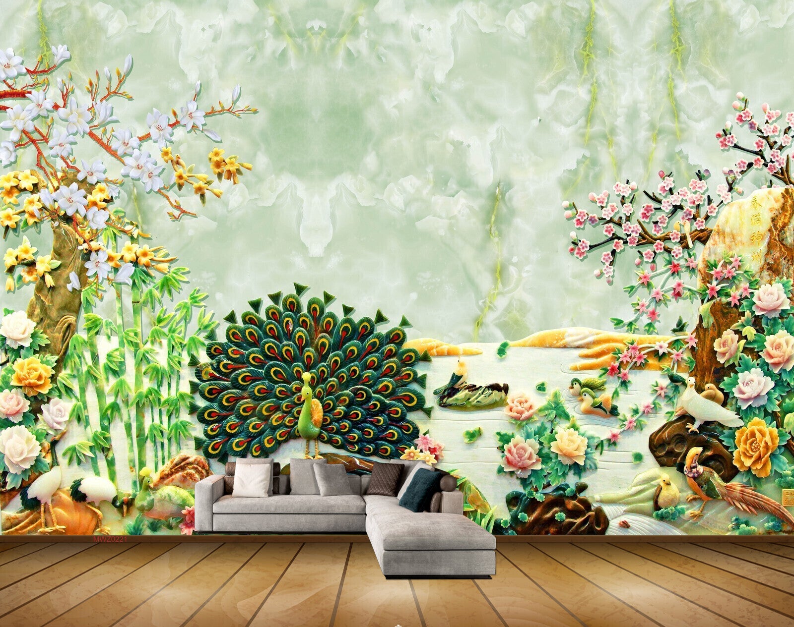 Avikalp MWZ0221 Peacock Plants Flowers Birds Creepers 3D HD Wallpaper