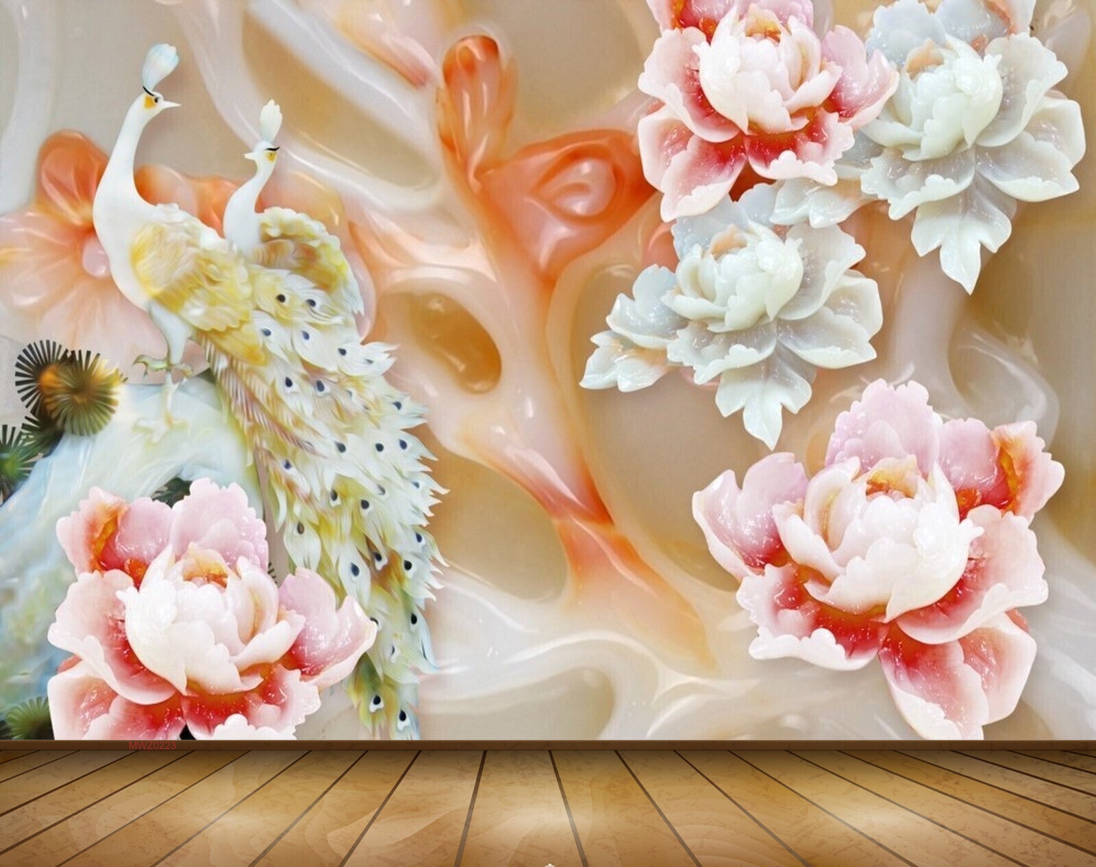 Avikalp MWZ0223 Peacocks White Red Flowers 3D HD Wallpaper