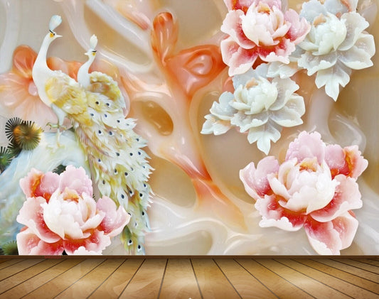 Avikalp MWZ0223 Peacocks White Red Flowers 3D HD Wallpaper