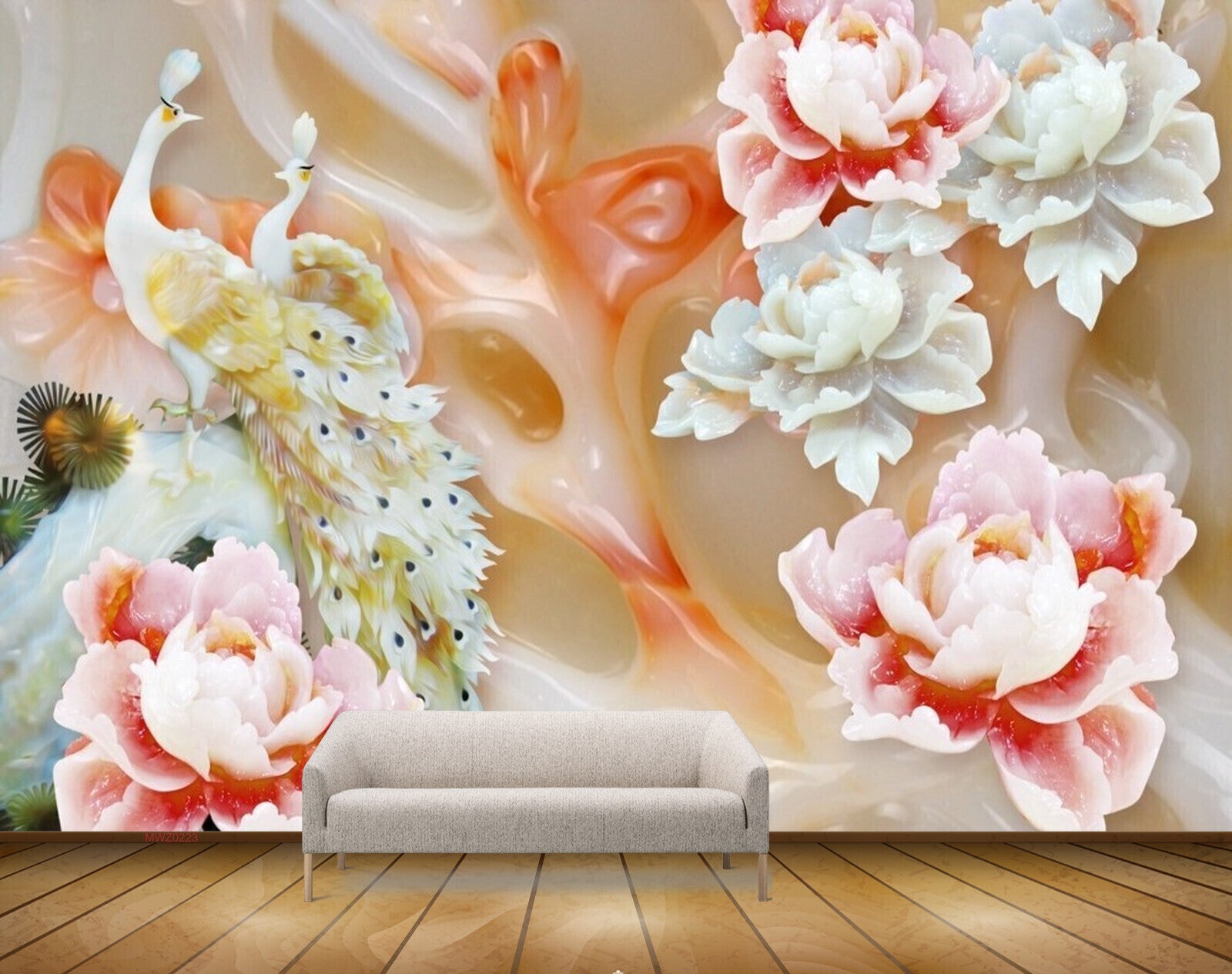 Avikalp MWZ0223 Peacocks White Red Flowers 3D HD Wallpaper