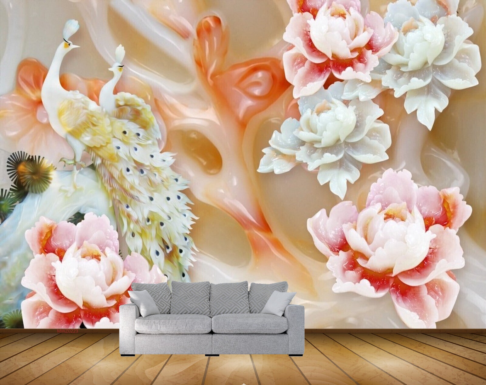 Avikalp MWZ0223 Peacocks White Red Flowers 3D HD Wallpaper