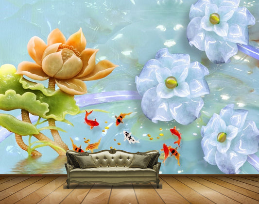 Avikalp MWZ0229 Orange  Blue Flowers Leaves Fishes HD Wallpaper