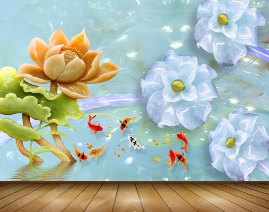 Avikalp MWZ0229 Orange  Blue Flowers Leaves Fishes 3D HD Wallpaper