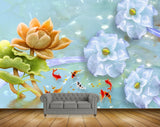 Avikalp MWZ0229 Orange  Blue Flowers Leaves Fishes 3D HD Wallpaper