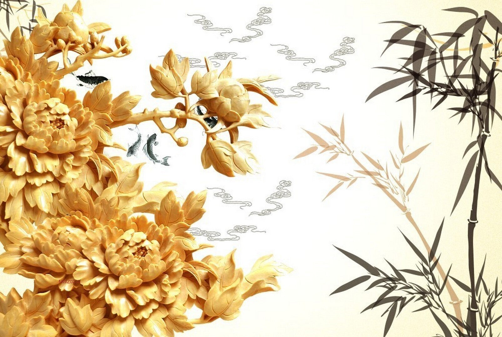Avikalp MWZ0230 Orange Flowers Plants Fishes 3D HD Wallpaper