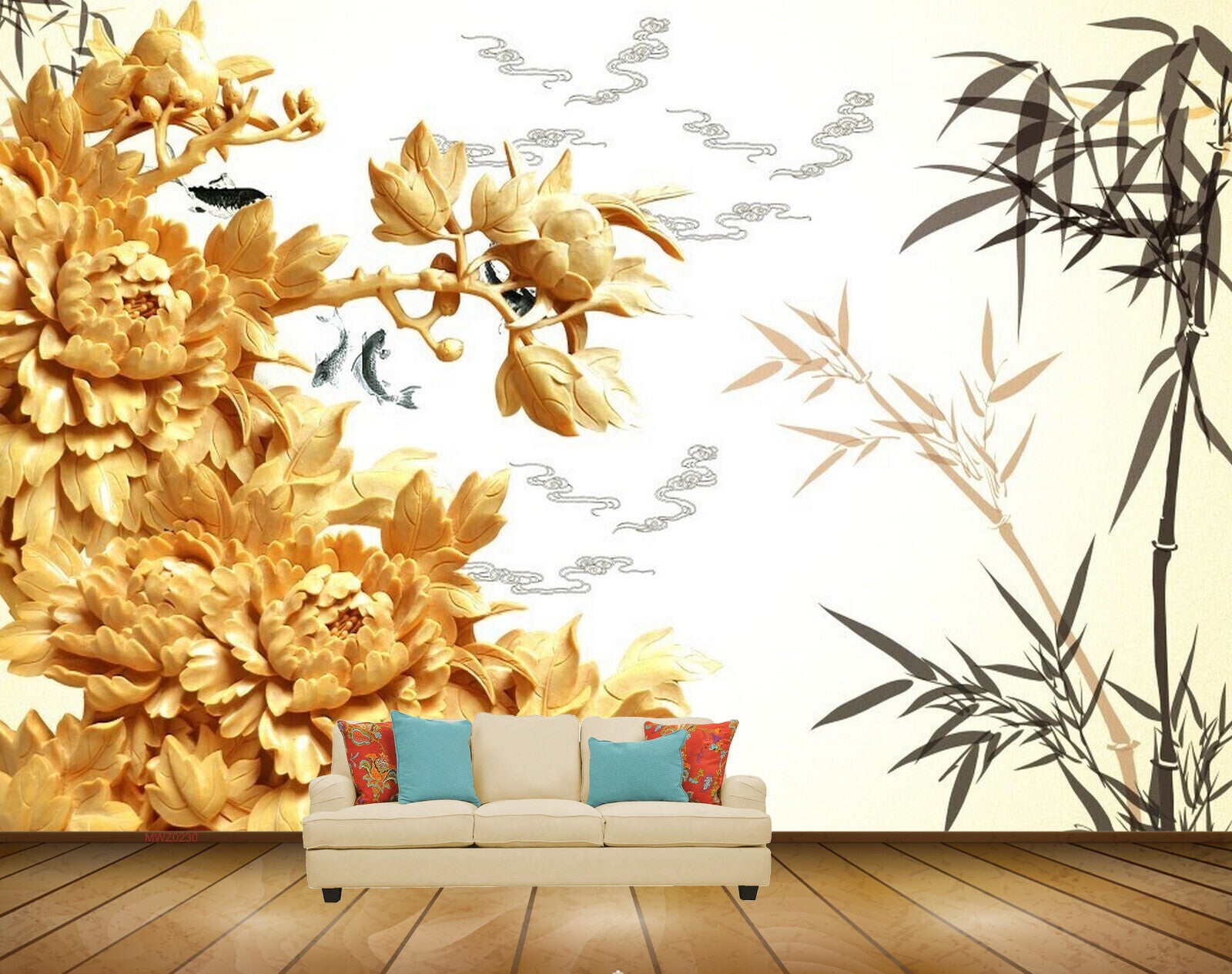 Avikalp MWZ0230 Orange Flowers Plants Fishes 3D HD Wallpaper