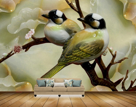 Avikalp MWZ0235 White Black Green Birds Branches HD Wallpaper