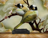 Avikalp MWZ0235 White Black Green Birds Branches 3D HD Wallpaper