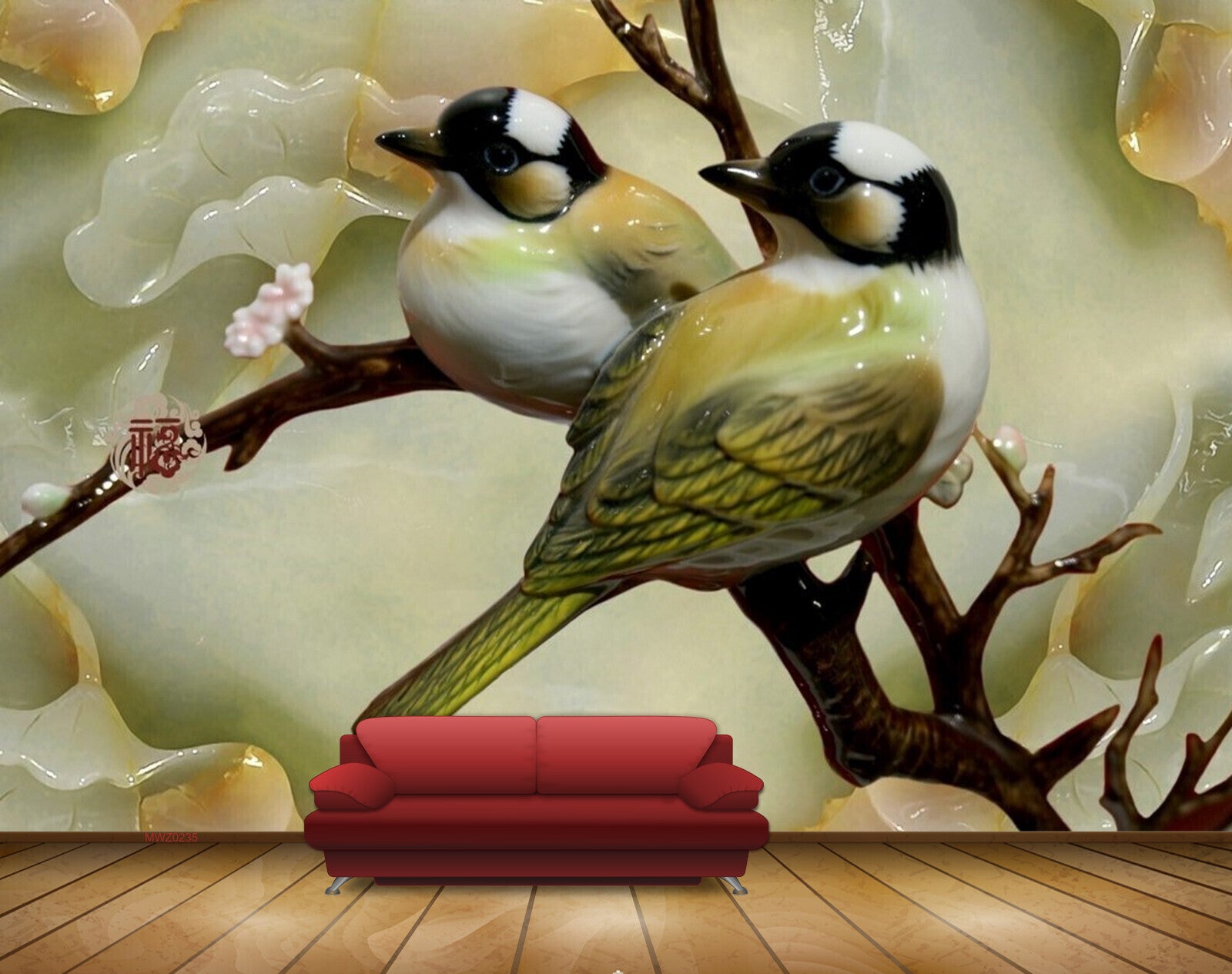 Avikalp MWZ0235 White Black Green Birds Branches 3D HD Wallpaper