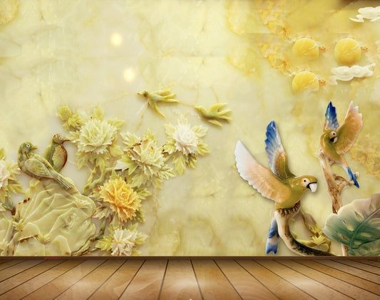 Avikalp MWZ0241 Green Blue Birds Flowers Clouds 3D HD Wallpaper