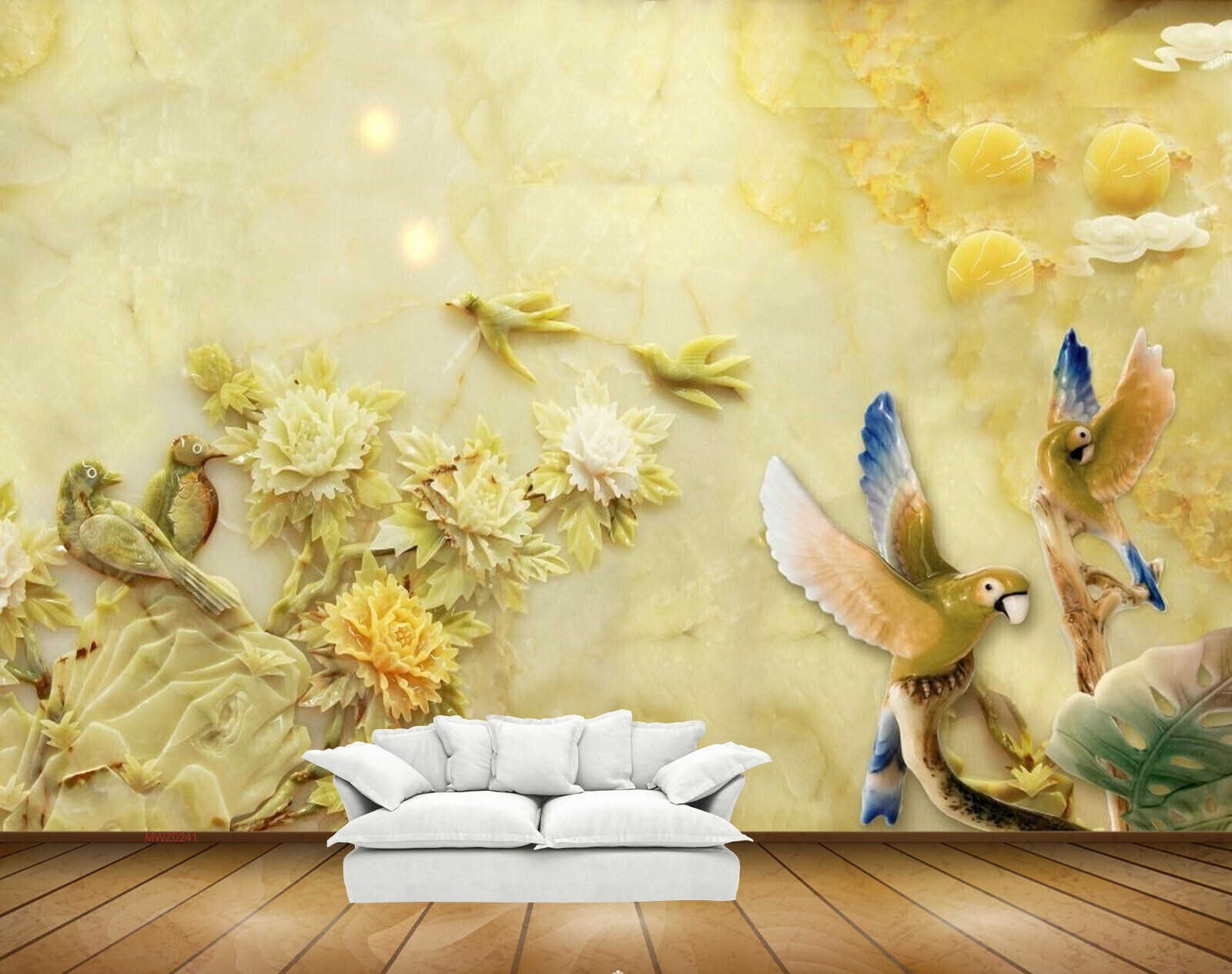 Avikalp MWZ0241 Green Blue Birds Flowers Clouds 3D HD Wallpaper