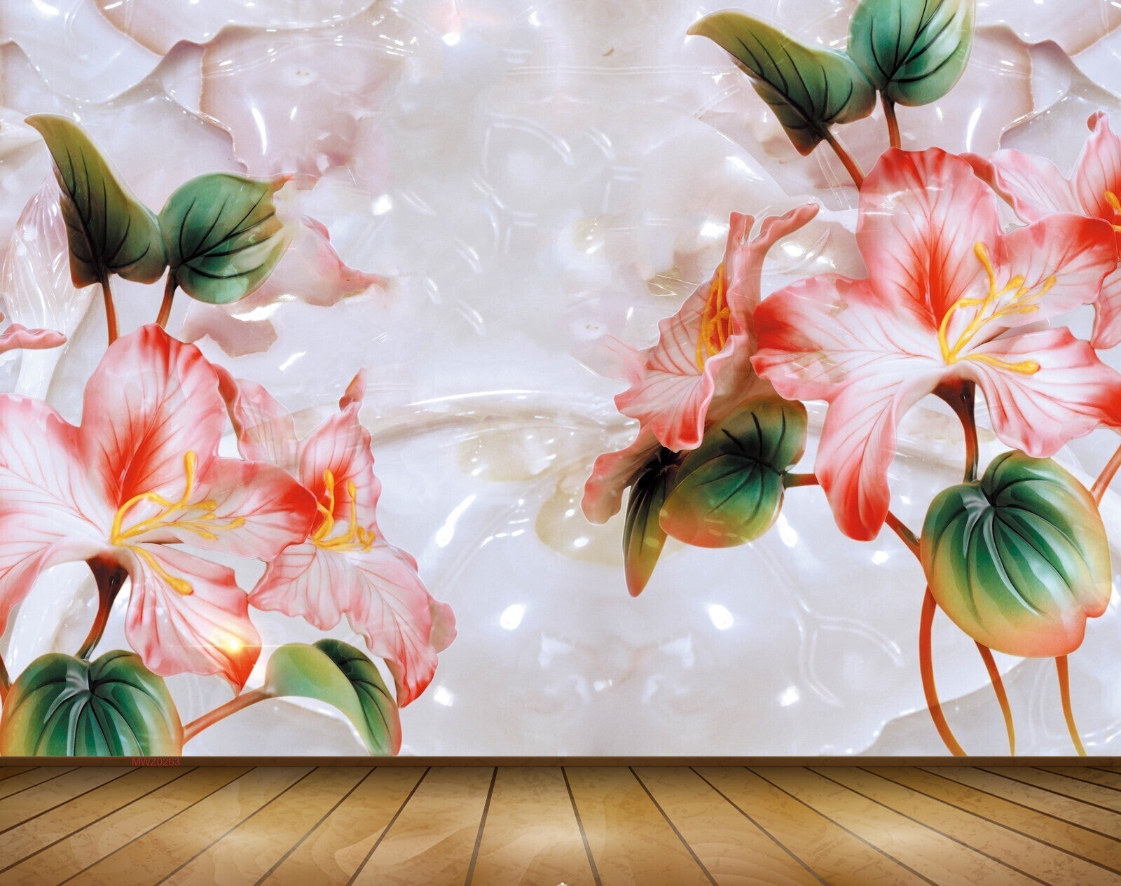 Avikalp MWZ0263 White Red Flowers Leaves 3D HD Wallpaper