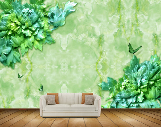 Avikalp MWZ0264 Green Blue Flowers Creepers Butterflies HD Wallpaper