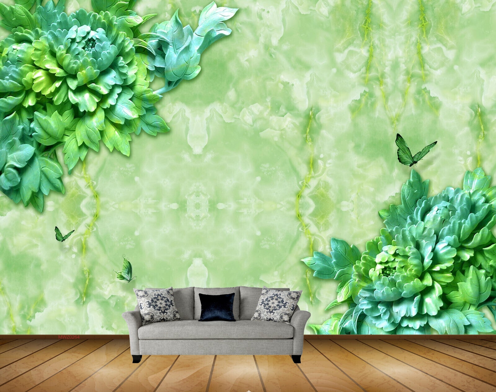 Avikalp MWZ0264 Green Blue Flowers Creepers Butterflies 3D HD Wallpaper