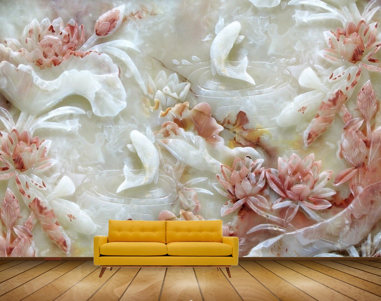 Avikalp MWZ0266 White Pink Flowers Fishes 3D HD Wallpaper