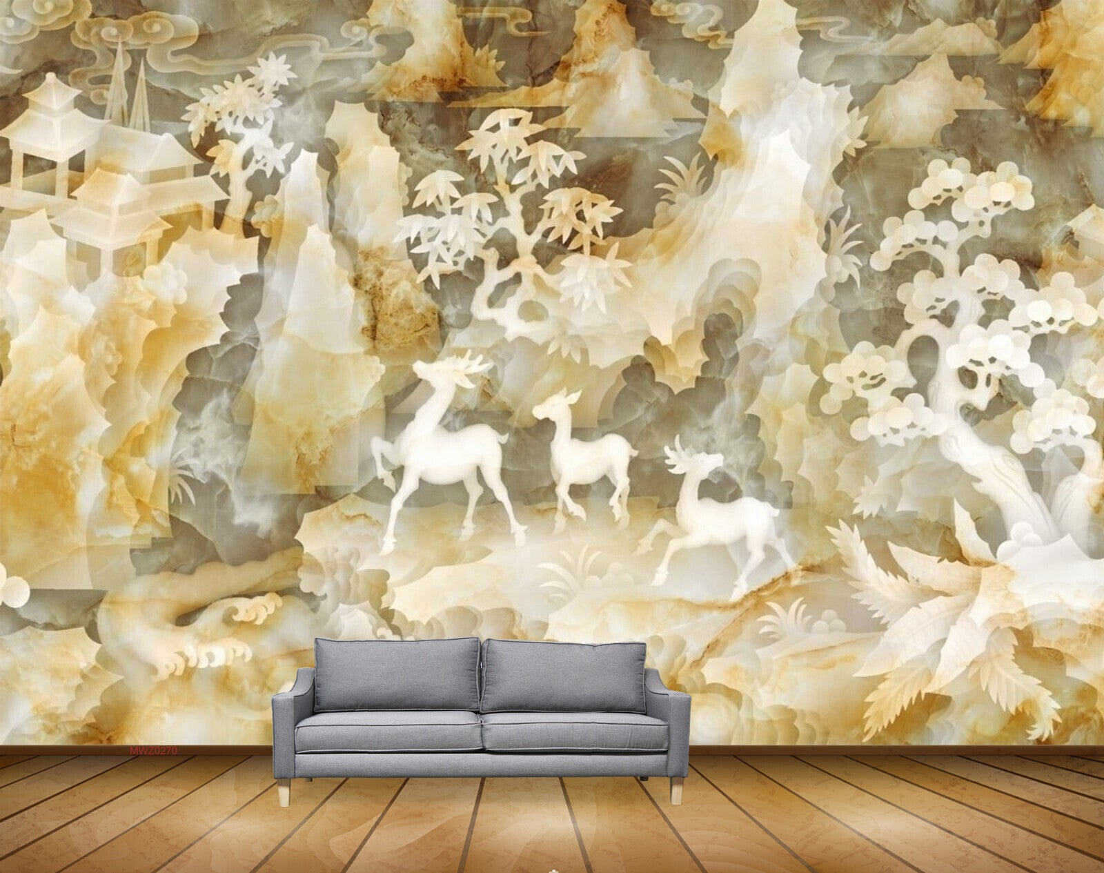 Avikalp MWZ0270 White Deers Orange Plants House 3D HD Wallpaper