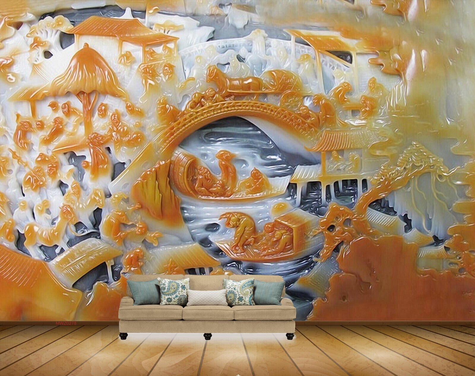 Avikalp MWZ0278 Orange White Bridge Horses Trees Boats 3D HD Wallpaper