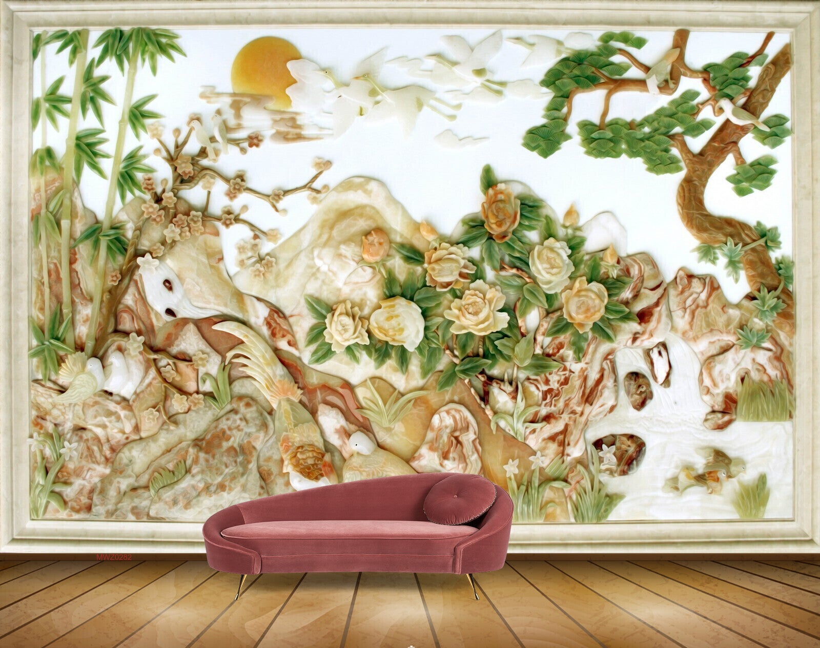 Avikalp MWZ0282 Orange FLowers Trees Birds Sun Fishes 3D HD Wallpaper