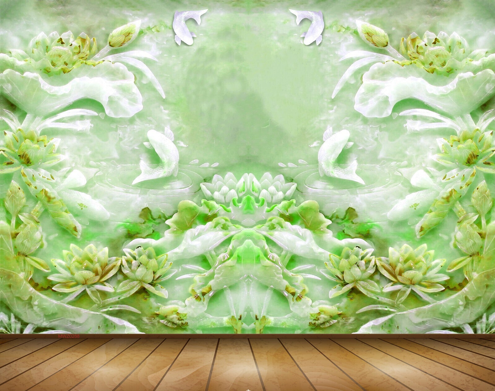Avikalp MWZ0288 White Green Lotus Flowers Plants Fishes 3D HD Wallpaper