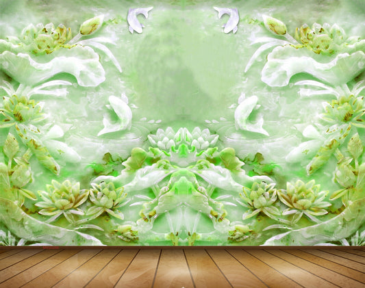 Avikalp MWZ0288 White Green Lotus Flowers Plants Fishes 3D HD Wallpaper