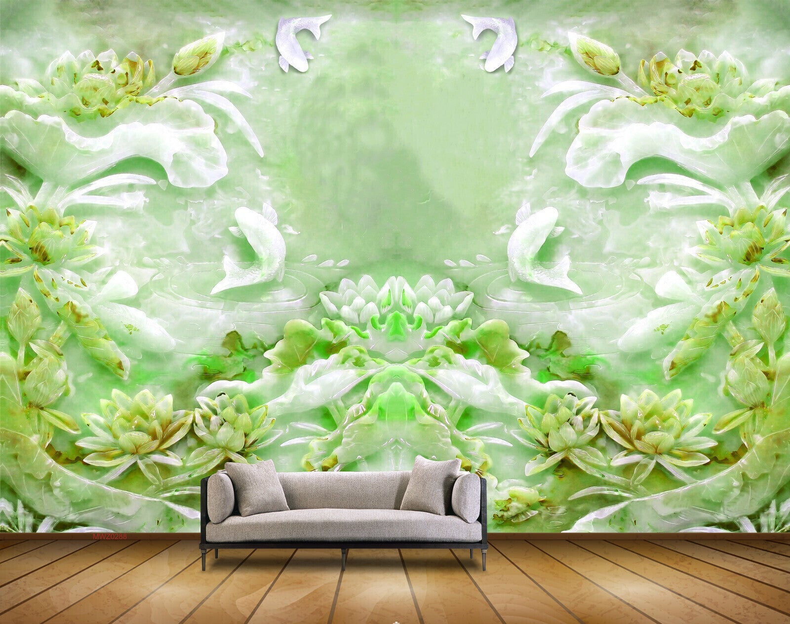 Avikalp MWZ0288 White Green Lotus Flowers Plants Fishes 3D HD Wallpaper