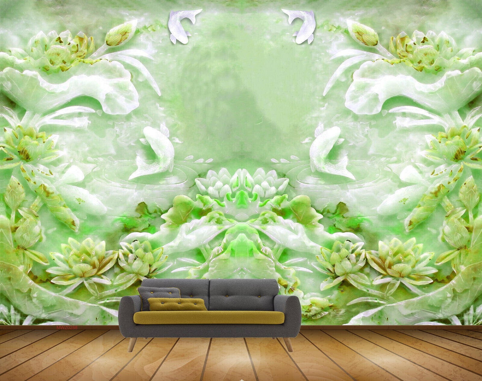 Avikalp MWZ0288 White Green Lotus Flowers Plants Fishes 3D HD Wallpaper