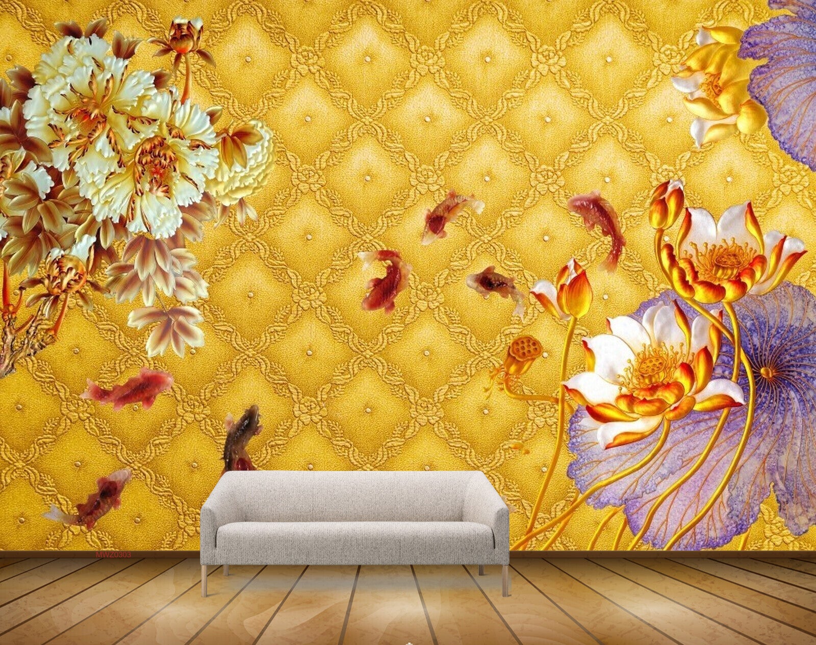 Avikalp MWZ0303 Yellow Orange Purple Flowers Fishes 3D HD Wallpaper