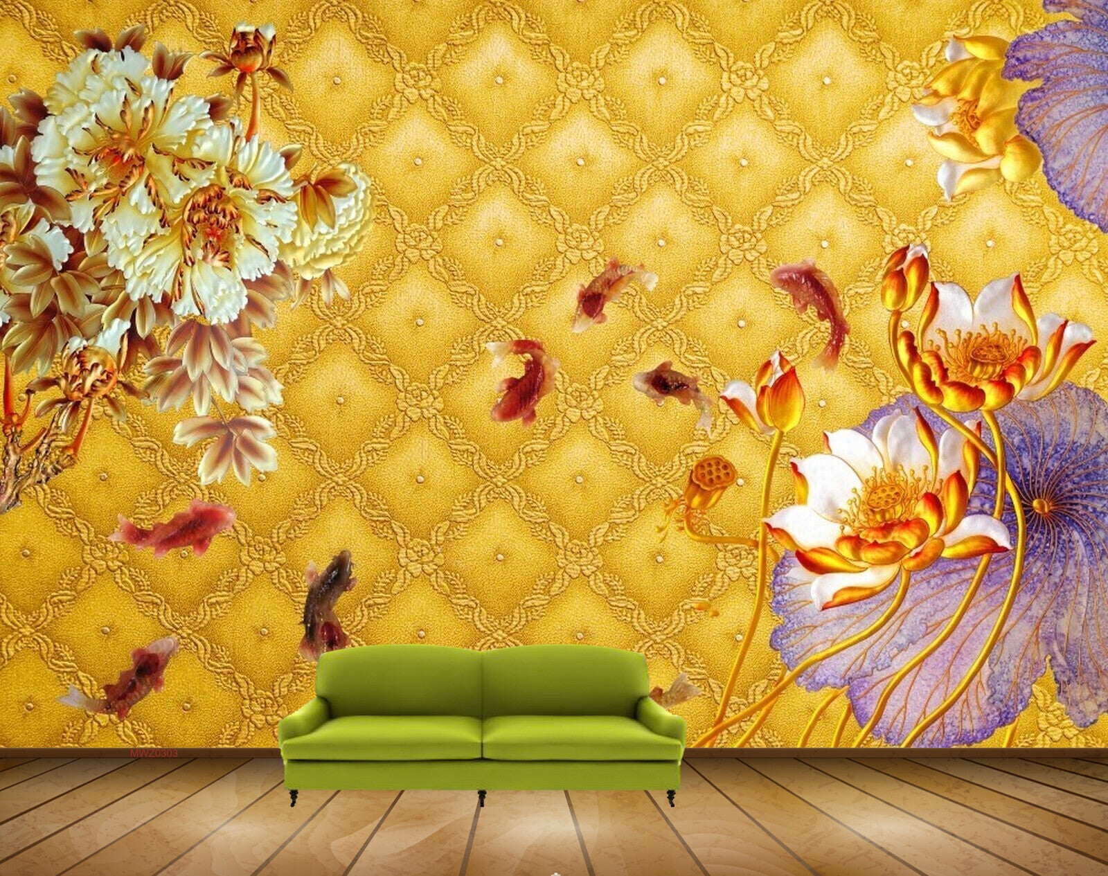 Avikalp MWZ0303 Yellow Orange Purple Flowers Fishes 3D HD Wallpaper