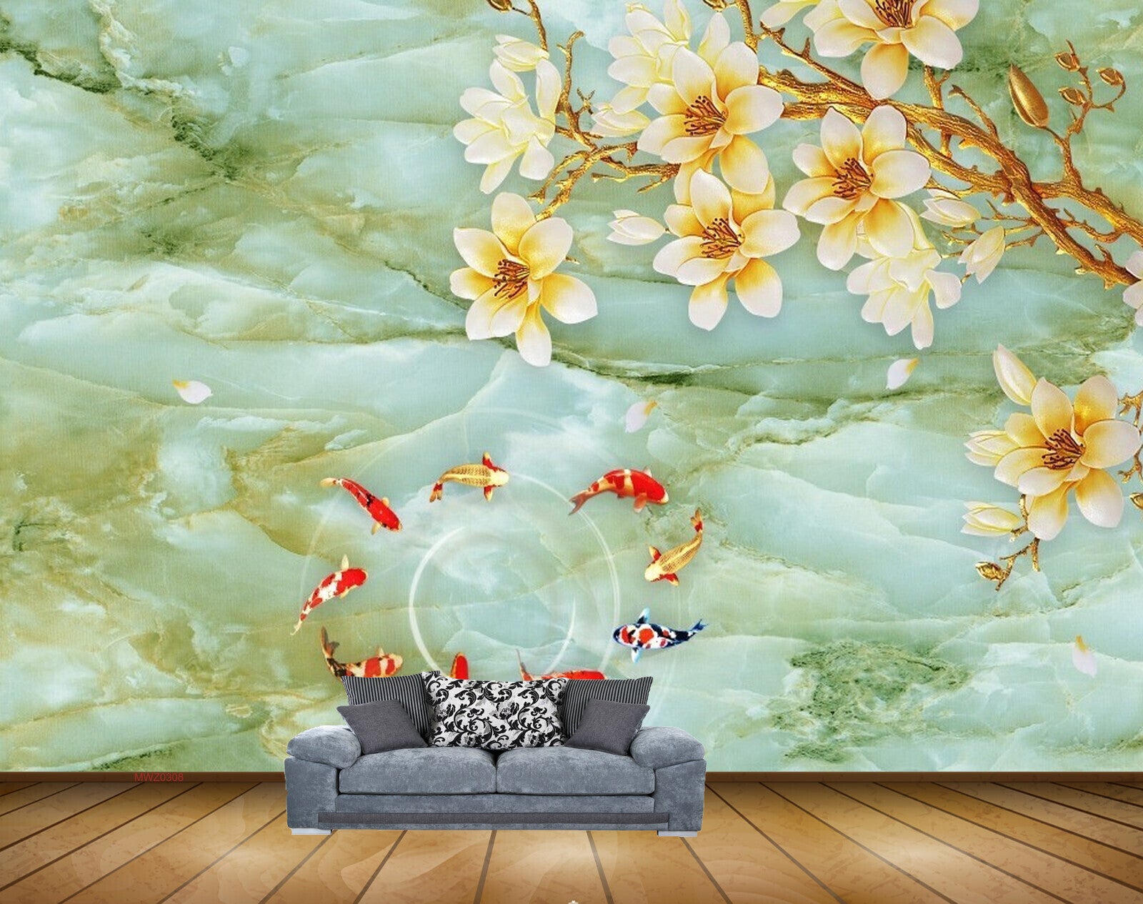 Avikalp MWZ0308 White Orange Flowers Fishes Tree HD Wallpaper