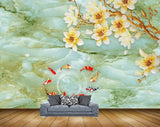 Avikalp MWZ0308 White Orange Flowers Fishes Tree HD Wallpaper