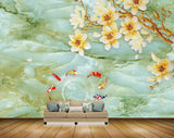 Avikalp MWZ0308 White Orange Flowers Fishes Tree 3D HD Wallpaper