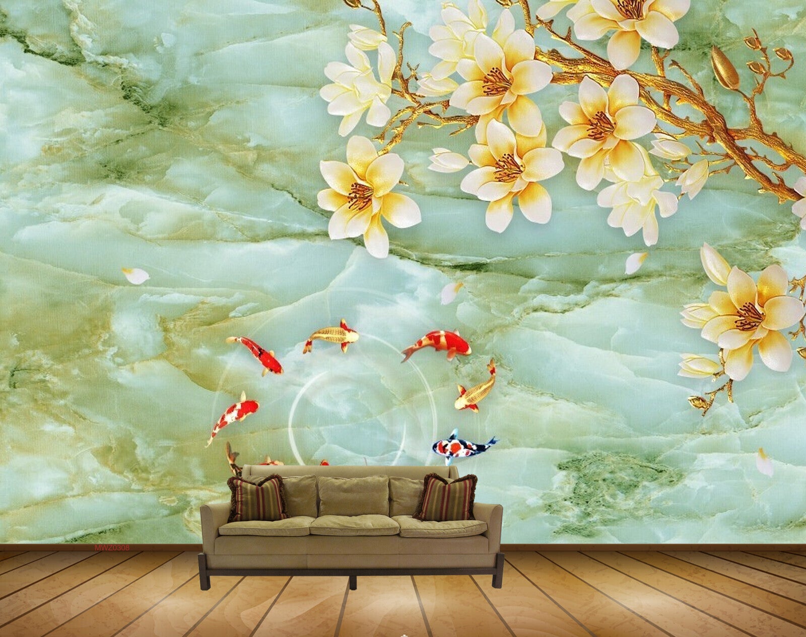 Avikalp MWZ0308 White Orange Flowers Fishes Tree 3D HD Wallpaper