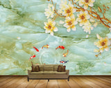 Avikalp MWZ0308 White Orange Flowers Fishes Tree 3D HD Wallpaper