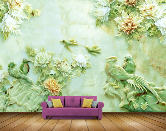 Avikalp MWZ0310 Green Orange Birds Flowers HD Wallpaper