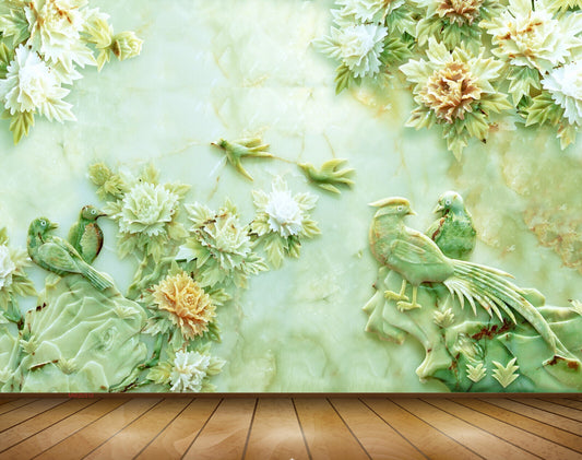 Avikalp MWZ0310 Green Orange Birds Flowers 3D HD Wallpaper