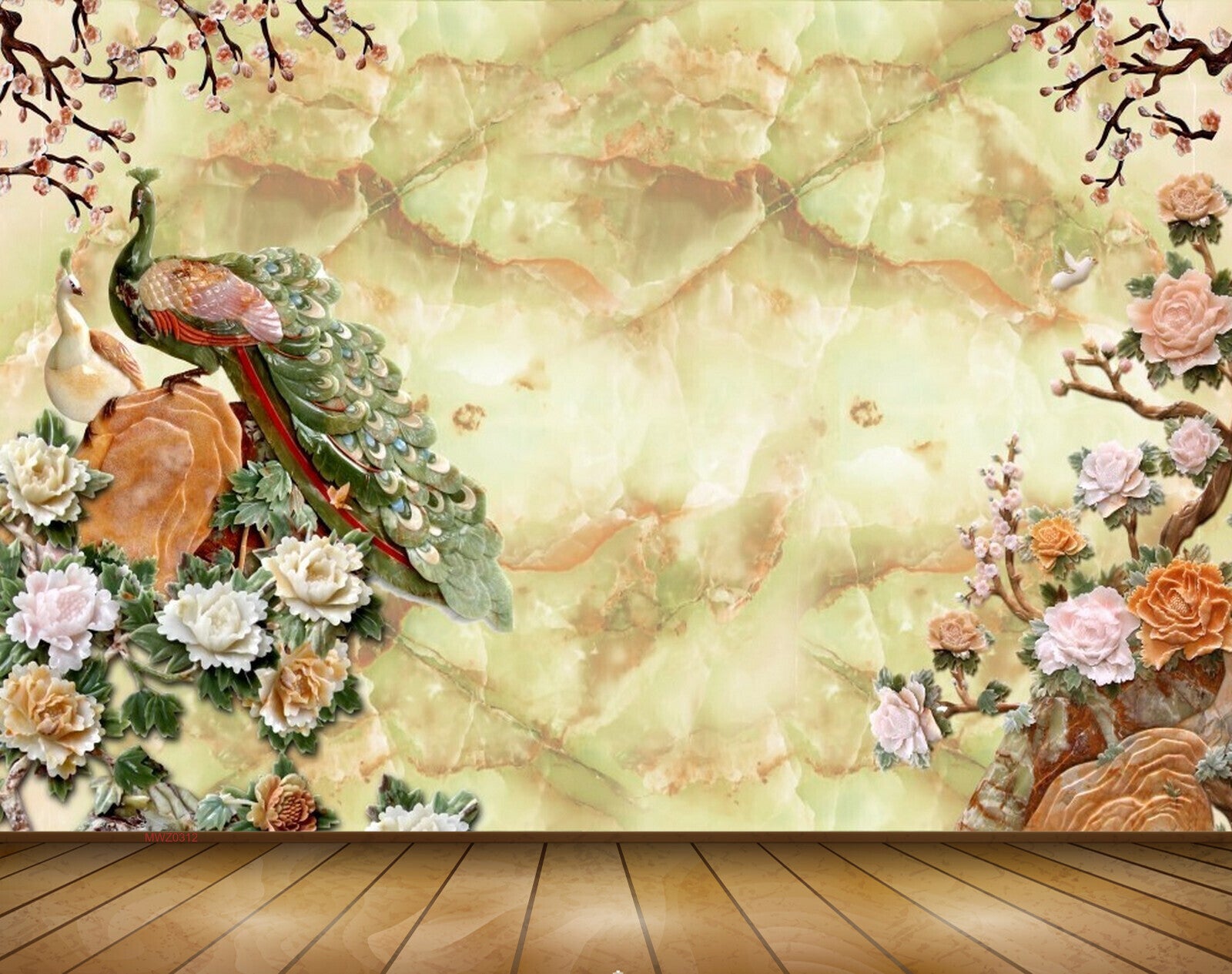 Avikalp MWZ0312 Peacocks Orange Pink Flowers Trees 3D HD Wallpaper
