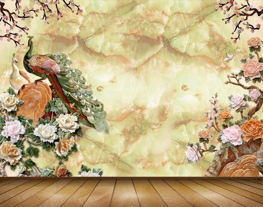 Avikalp MWZ0312 Peacocks Orange Pink Flowers Trees 3D HD Wallpaper