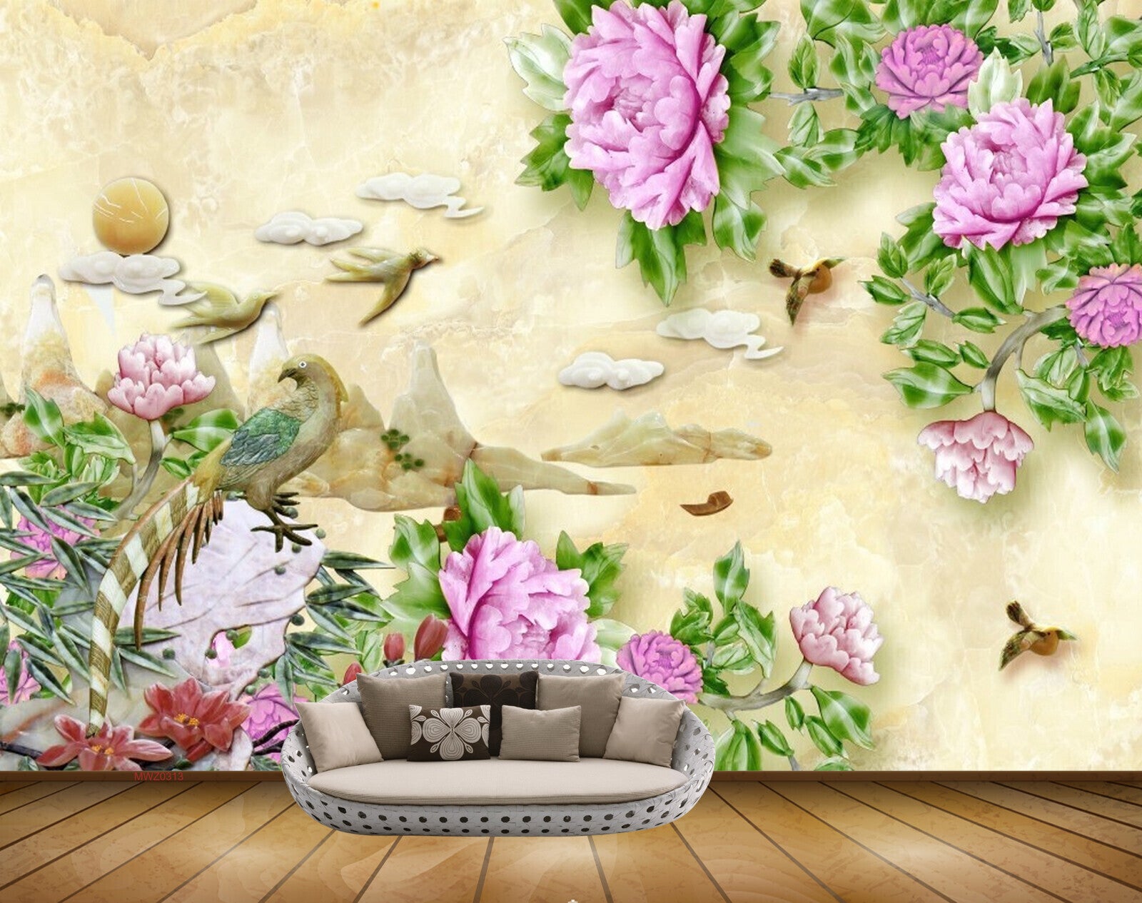 Avikalp MWZ0313 Pink Flowers Birds Sun Leaves 3D HD Wallpaper
