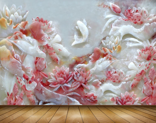 Avikalp MWZ0314 White Pink Flowers Fishes 3D HD Wallpaper