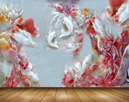 Avikalp MWZ0315 White Red Flowers Fishes 3D HD Wallpaper