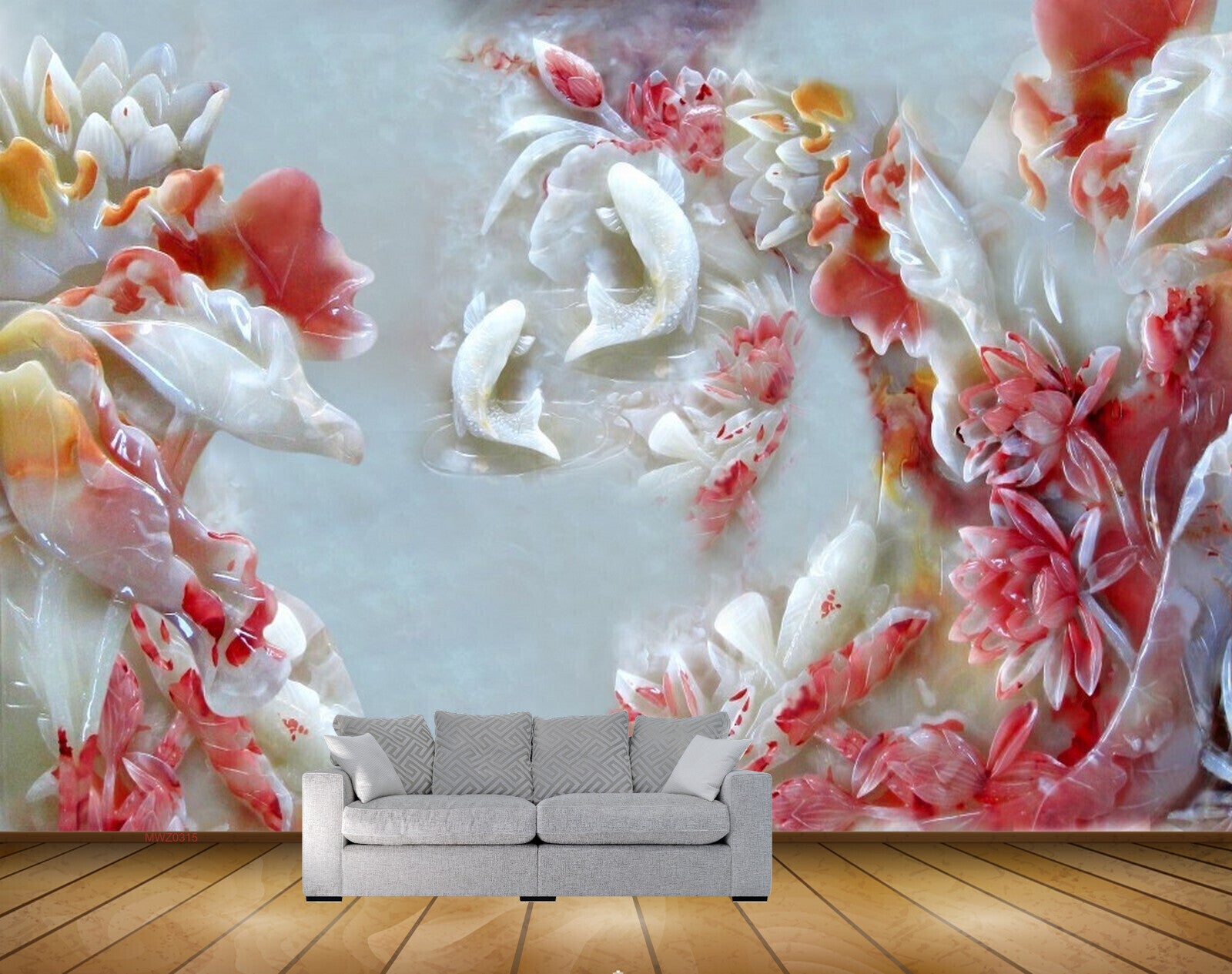 Avikalp MWZ0315 White Red Flowers Fishes 3D HD Wallpaper