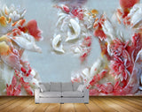Avikalp MWZ0315 White Red Flowers Fishes 3D HD Wallpaper