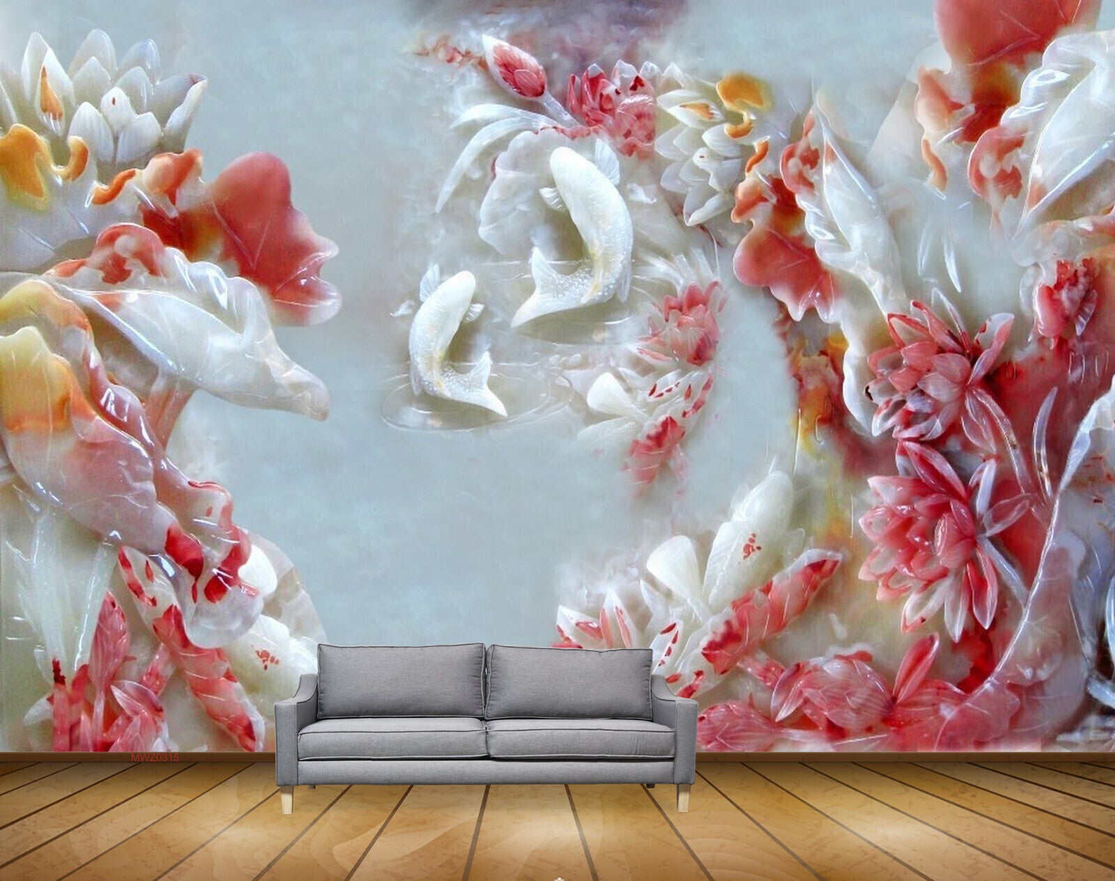 Avikalp MWZ0315 White Red Flowers Fishes 3D HD Wallpaper