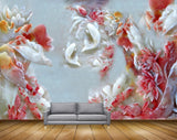Avikalp MWZ0315 White Red Flowers Fishes 3D HD Wallpaper