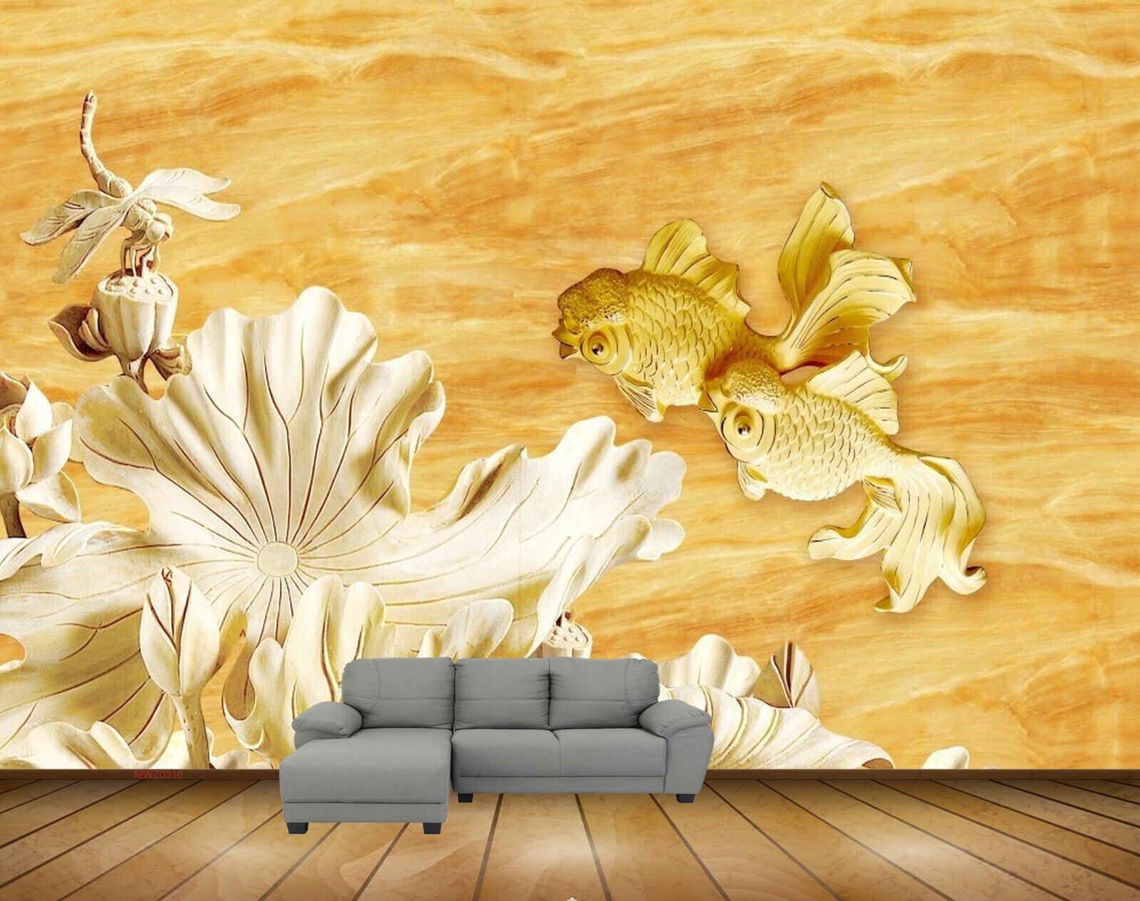 Avikalp MWZ0316 Yellow Fishes White Flowers Flies 3D HD Wallpaper