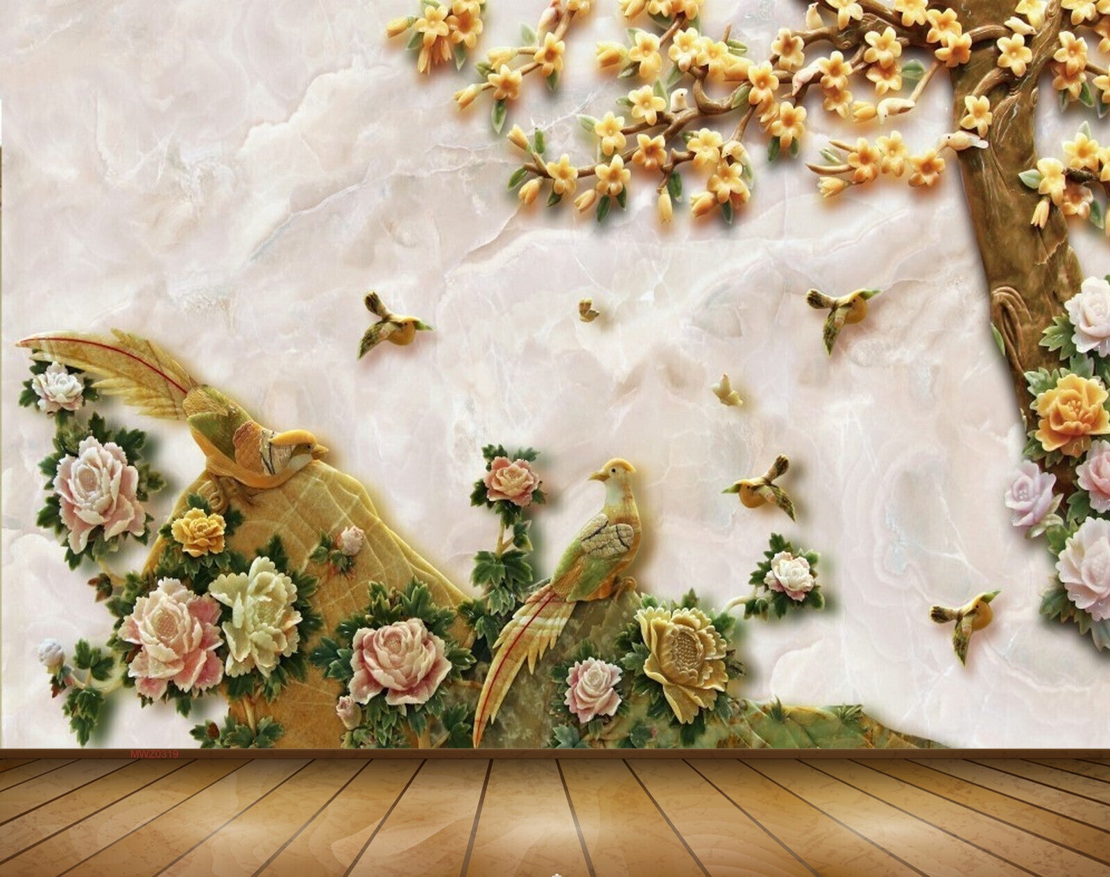 Avikalp MWZ0319 Yellow Pink Flowers Trees Birds 3D HD Wallpaper