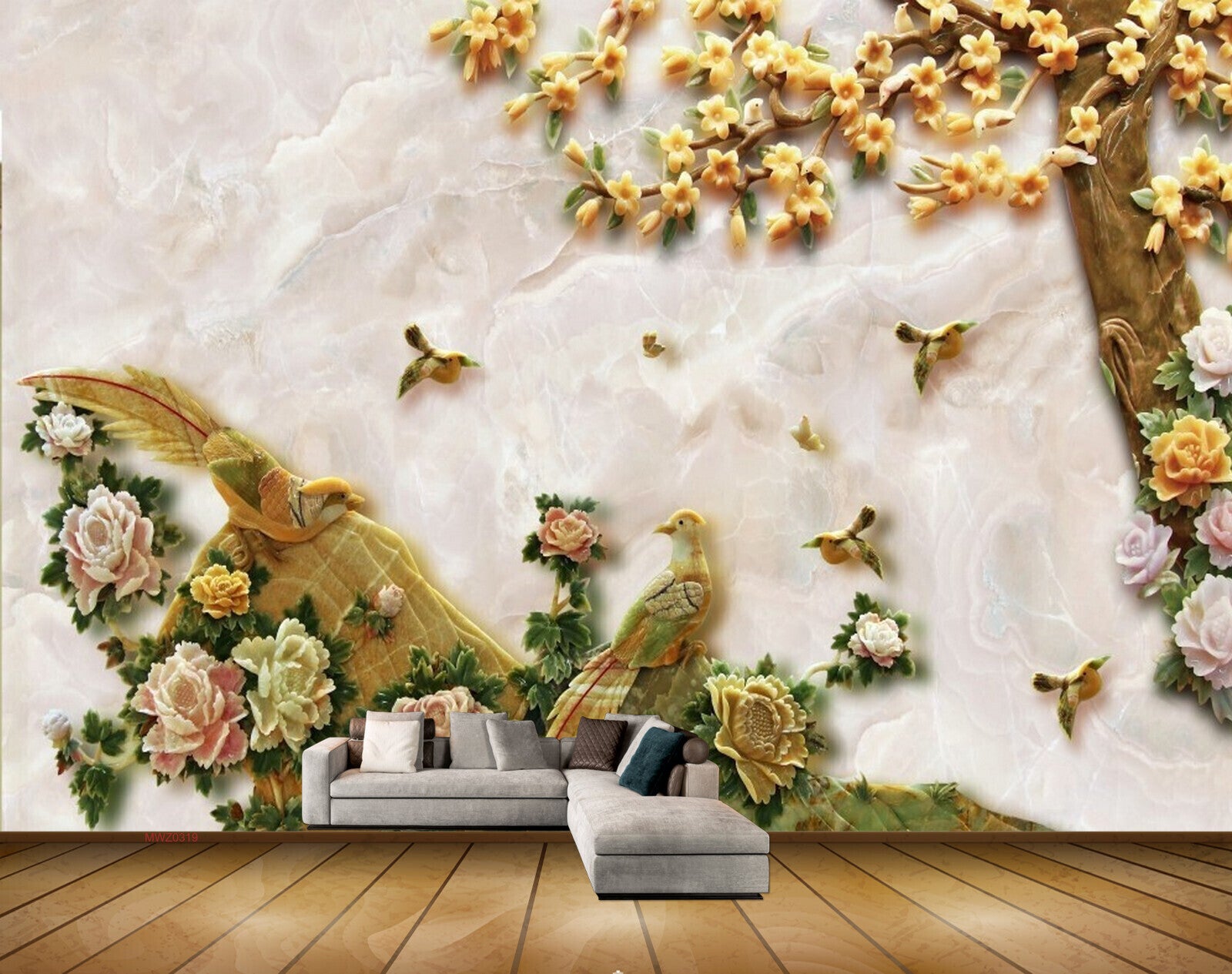 Avikalp MWZ0319 Yellow Pink Flowers Trees Birds 3D HD Wallpaper