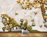 Avikalp MWZ0319 Yellow Pink Flowers Trees Birds 3D HD Wallpaper
